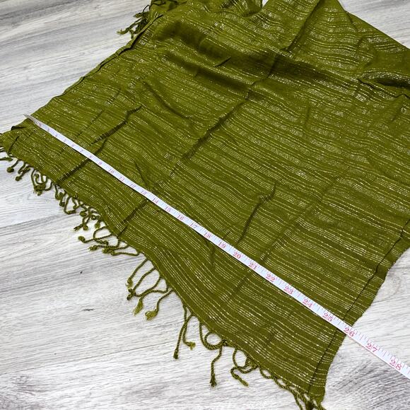 Olive Green Metallic Shimmer Lightweight Shawl Wrap Scarf with Fringe - Picture 5 of 6